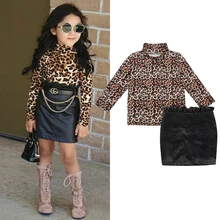 Модный комплект одежды для маленьких девочек; Леопардовый топ; футболка; кожаная юбка на молнии с оборками; платье; Одежда для маленьких девочек; комплект одежды
