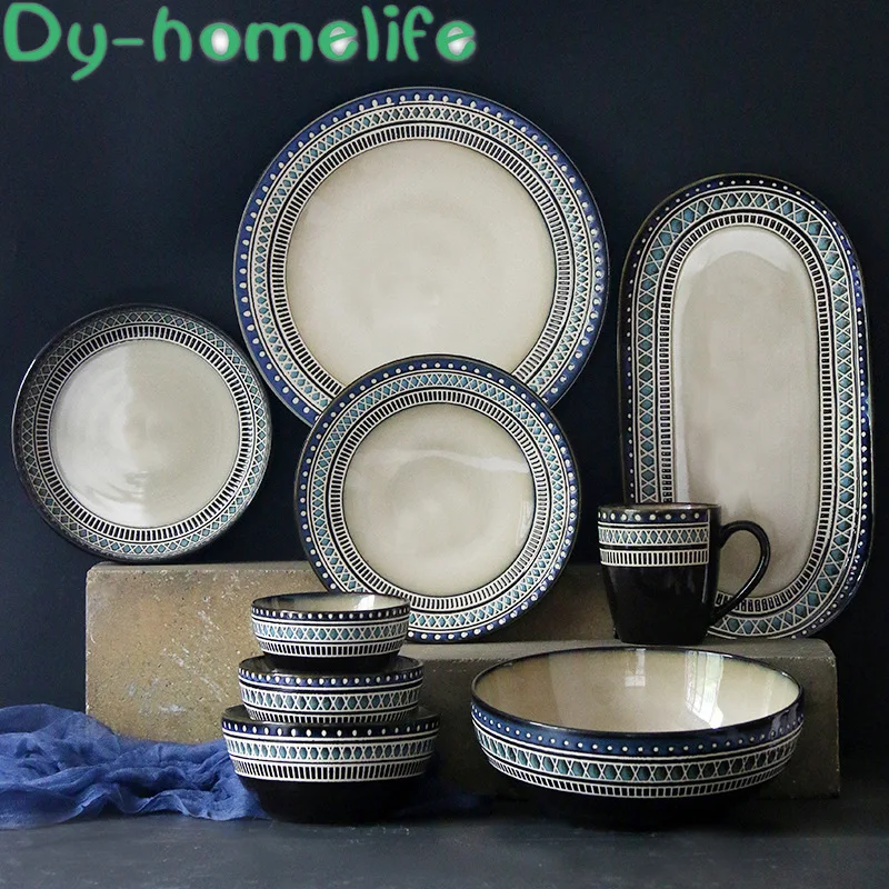 

European Creative Blue Edge Lattice Ceramic Tableware Set Kitchen Household Steak Plate Long Fish Plate Salad Bowl Mug