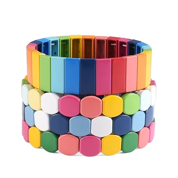 

Rainbow Stackable Tile Bracelet Multicolor Enamel Metal Maya Beaded Jewerly Wrap Bracelet Army Candy Stretch Bracelet Set Women