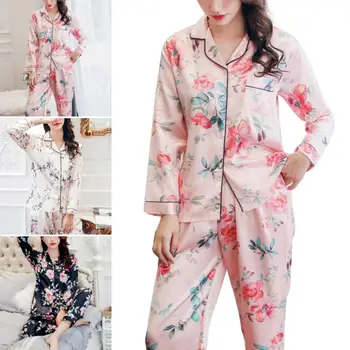 

2Pcs Women Floral Print Long Sleeve Top Pants Imitation Silk Nightwear Pajama Set Xmas Gifts pijamas de navidad christmas pjs
