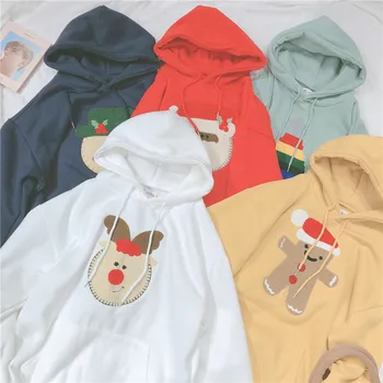 

Christmas Mmulticolor Wild Loose Hoodie Sweatshirt Student Girls Snowmen Elk Embroidery Plus velvet Hooded Pullover Coat Tops