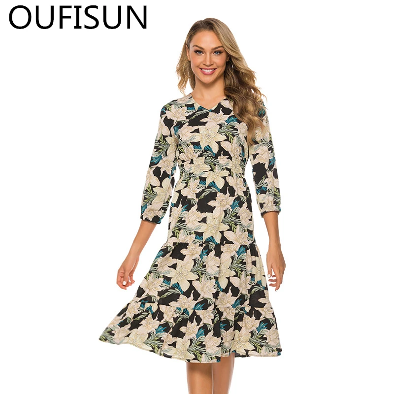 Oufisun 2019 летнее платье в богемном стиле с принтом праздничное пляжное платье, модная, с v-образным вырезом, длинный рукав тонкий вечерние