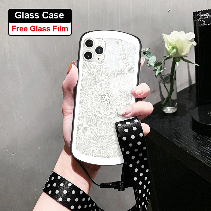 Для iphone 11 pro max 6,5 6,1 чехол из закаленного стекла защита телефона девушка кружева телефонные чехлы для iphone 11 pro стеклянная крышка - Цвет: huxing mantuoluo