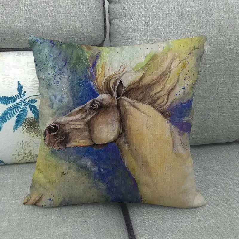 9 45cm*45cm watercolor horse head design linen/cotton throw pillow covers couch cushion cover home decor pillow - Цвет: 9