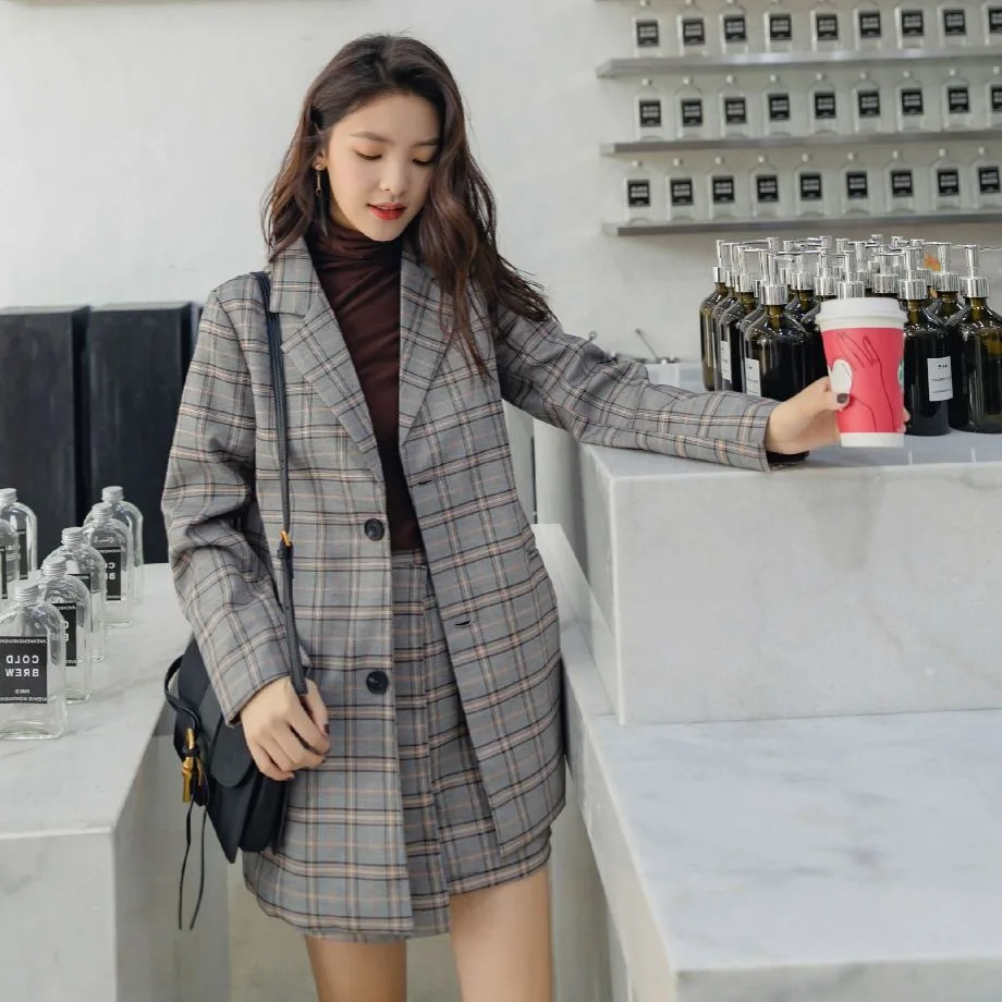 

Photo Shoot Retro CHIC Plaid Elegant Mid-length Small Suit Coat Women's INS High-waisted A- line Skirt Two-Piece Set