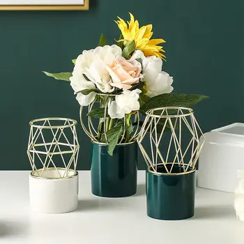 

Nordic Ceramic Vase with Golden Metal Frame Chic Lantern Design Table Decor Flower Pot Morandi Color Floral Storage Jar