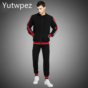 

2 Pieces Sets Tracksuit Men New Brand Autumn Winter Hooded Sweatshirt +Drawstring Pants Male Stripe Patchwork Hoodies Bigsweety