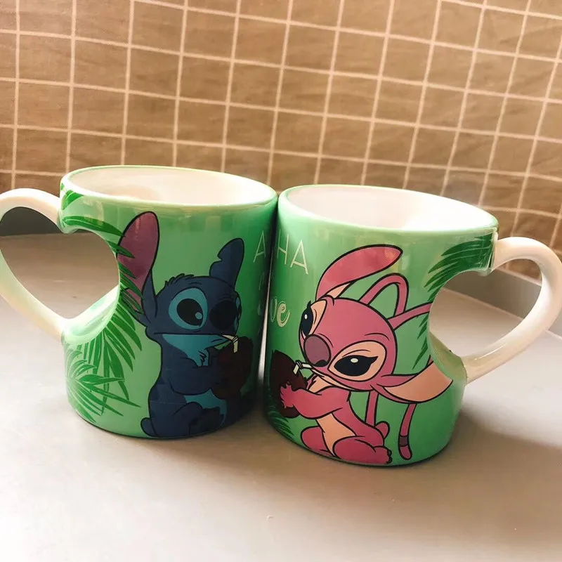 

ANGEL STITCH ceramic couple(2pcs) mug coffee cup with Heart-shaped handle cartoon pattern creative water cup for special gift