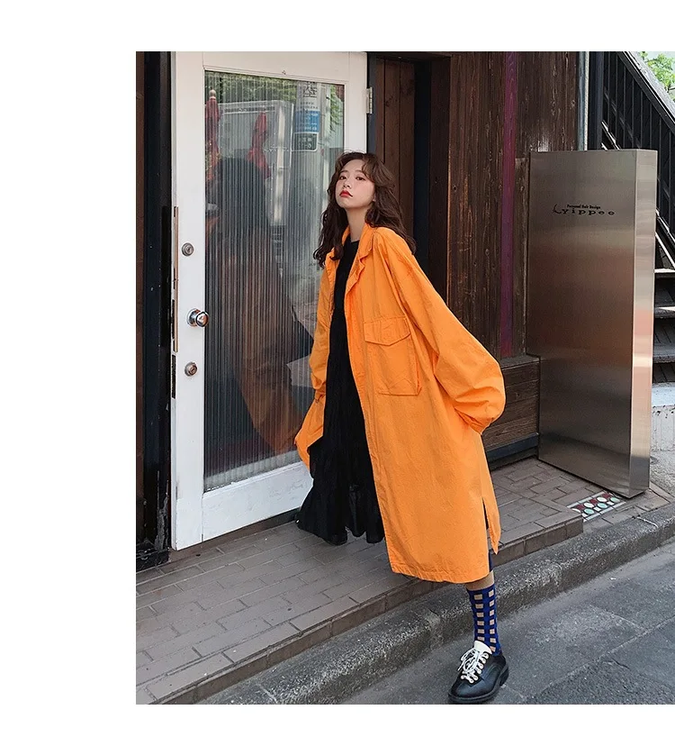 Одежда для фотосессии в стиле «Harajuku» с оранжевым отложным воротником и большим карманом, пальто-Тренч выше колена