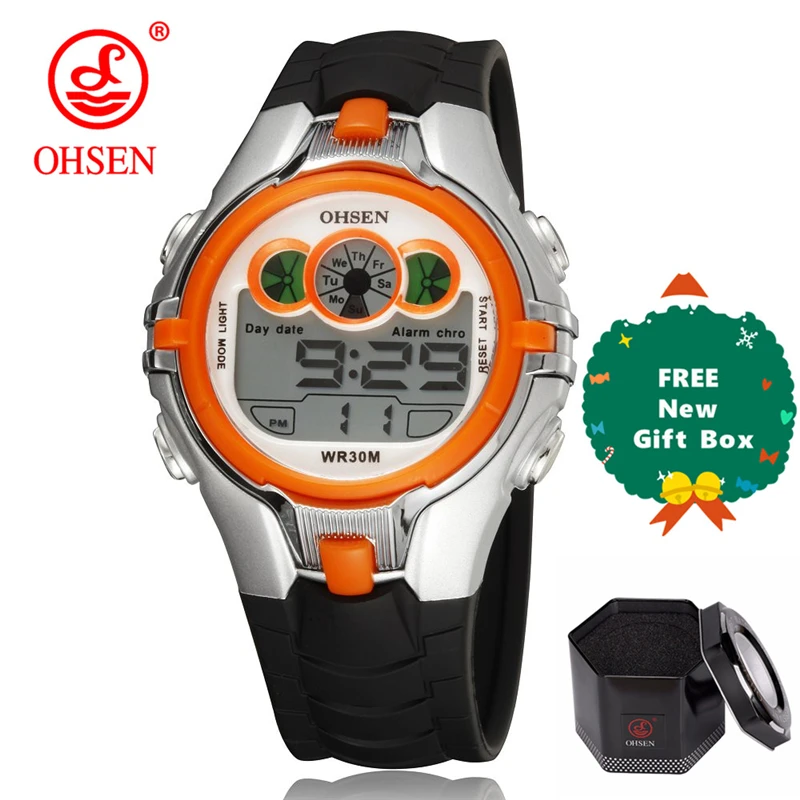 OHSEN Boys Kids Дети Кварцевые спортивные часы Будильник Дата хронографа Светодиодные задние фонари Водонепроницаемые наручные часы Студенческие часы - Цвет: orange plus gift box