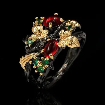 New Exquisite Leaf Flower Color Zircon Ladies 925 Silver Ring Jewelry Black Gold Two-color Red Zircon Ring Ladies Ring
