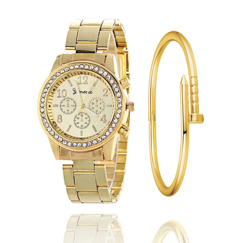 Модные женские часы с кристаллами из нержавеющей стали аналоговые кварцевые наручные часы браслет топ-браслет роскошные женские часы - Цвет: gold bracelet
