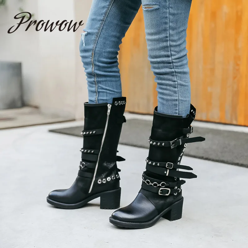

Prowow New Genuine Leather Metal Studded Buckle Strap Punk Boots Round Toe Thick Heel Low Heel Motorcycle Boots Shoes Women