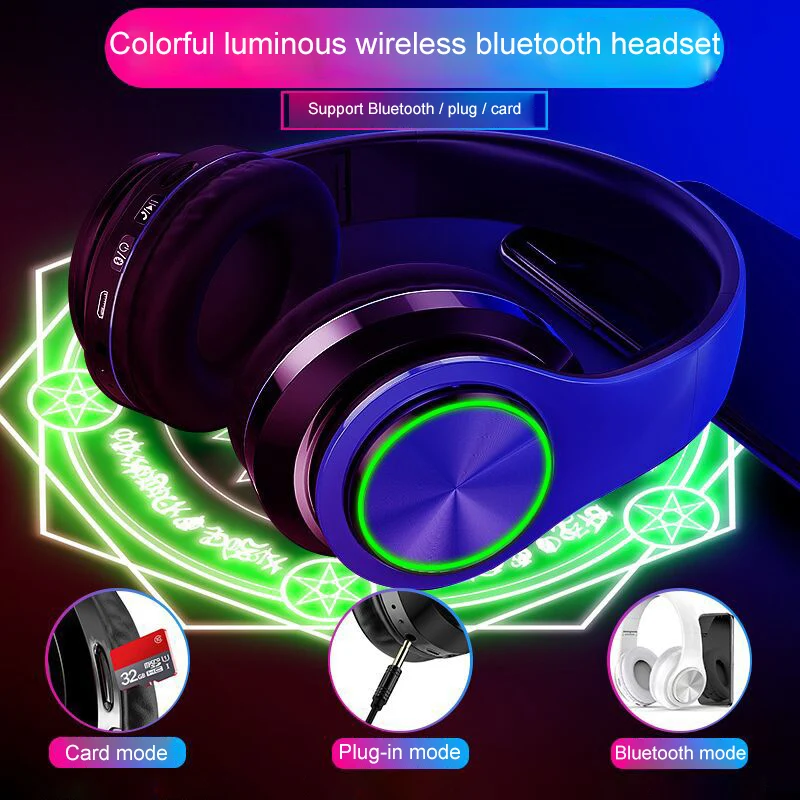 Классные Hi Fi стереонаушники светящиеся Складные Bluetooth музыкальные наушники FM