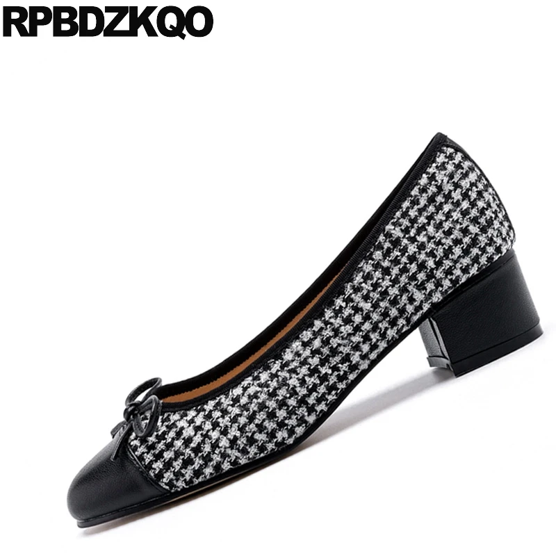 round toe size 4 34 thick ladies medium heels high bow fashion brown black casual pumps luxury women shoes slip on designer