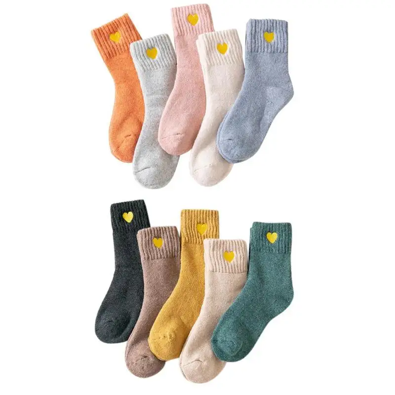 5 пар осенне-зимних женских носков с вышитыми сердечками, однотонные осенне-зимние толстые теплые носки, Прямая поставка
