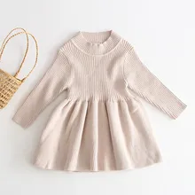 Зимние платья для маленьких девочек; однотонное вязаное платье с длинными рукавами для малышей; детская одежда; теплый свитер; платья;# BL2