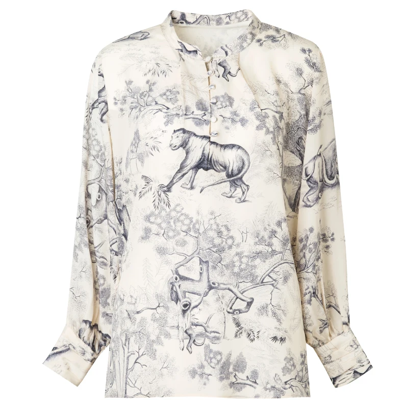 Женская шелковая блуза из натурального шелка креп Блузы с принтом для женщин с длинным рукавом стоячий воротник блузка рубашка Офисная Женская блузка