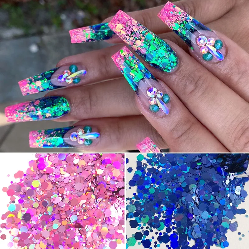 1 Box Colorful Nails Powder Bling Irregular Hexagon Nail Dust Sets Holo Glitter Sequins Flakes Decoration Nail Rhinestones Decorations Aliexpress