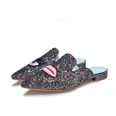 Летние шлепанцы на плоской подошве с ресницами для глаз и губ; женские блестящие пляжные шлепанцы с блестками; женская обувь тапки с острым носком на плоской подошве; Sandalias Mujer - Цвет: as shown