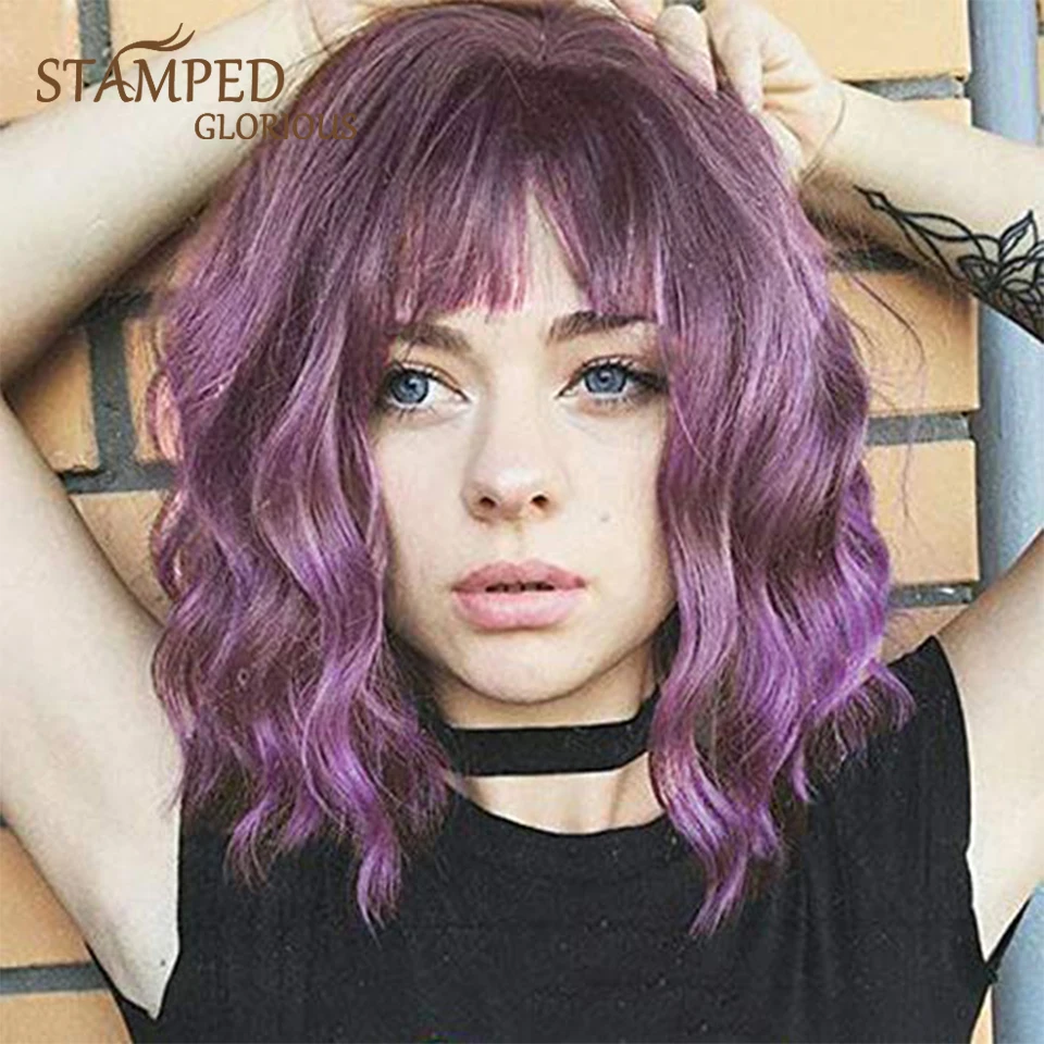 

Stamped Glorious 14inches Natural Wave Short Wig Ombre Black Purple With Bangs Heat Resistant Synthetic Wigs for Black Women