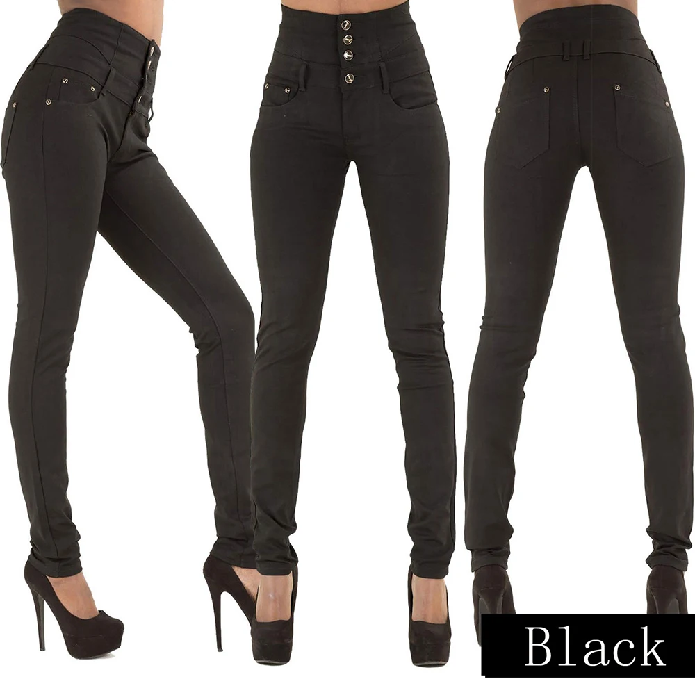 High Waist Slim-fit Stretch Plus Size Jeans Women Solid ButtonDenim Pencil Long Pants Fashion Casual Skinny Street Trousers