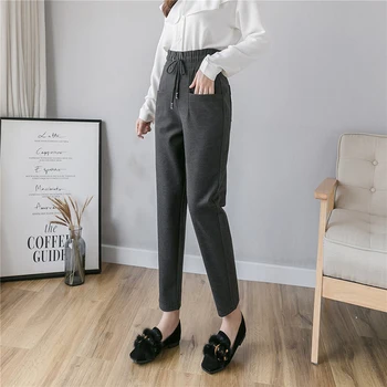 

Women Woolen Pants Autumn Winter Warm Trousers Elastic Waist Casual Female Solid Loose Pants Female Plus Size Nine Pant