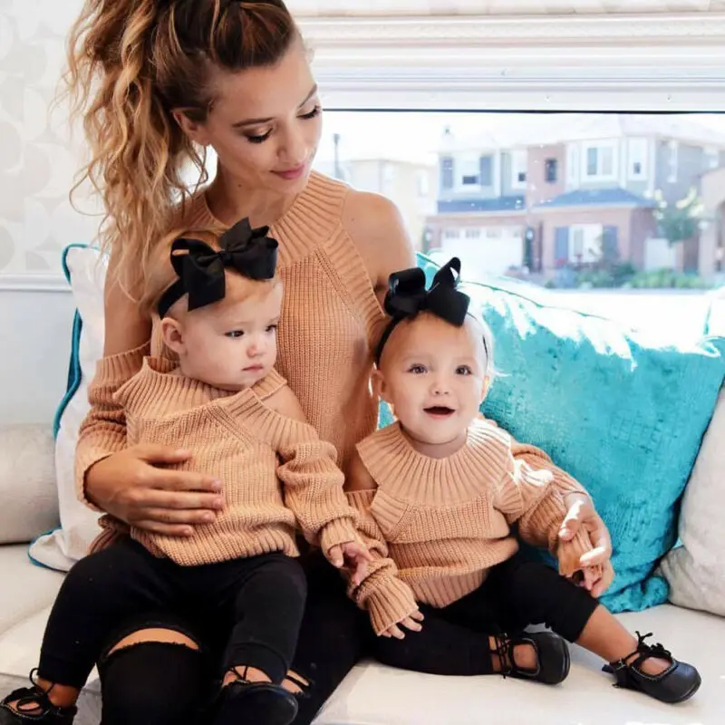 Mother Daughter Matching Outfit Women Girl Off Shoulder Blouse Sweater Tops | Мать и ребенок