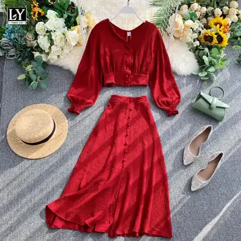 

LY VAREY LIN 2020 New Autumn Women Single Breasted Two Piece Sets Long Sleeve V Neck Crops Tops High Waist Solid Slim Skirts