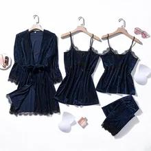 Сексуальная Женская пижама из четырех частей велюровый топ на бретелях и штаны, комплекты для сна, Женская домашняя одежда, спальный костюм, кимоно, халат для сна