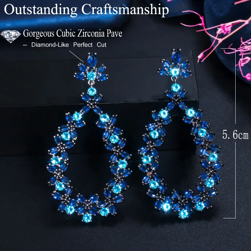 CWWZircons Drop Dangle Cluster Flower Leaf Dark Blue Cubic Zircon Crystal Long Party Earrings for Women Designer Jewelry CZ733