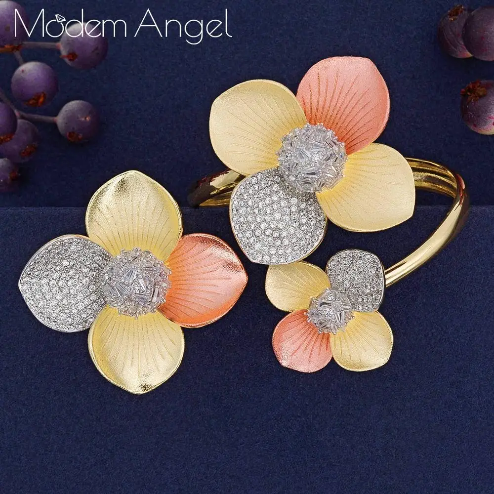 Three colors ModemAngel роскошный 3 тон цветок Нигерия браслет кольцо набор украшений для женщин Свадебные с кубическим Цирконом Кристалл CZ Дубай Свадебные украшения - Окраска металла: Three colors