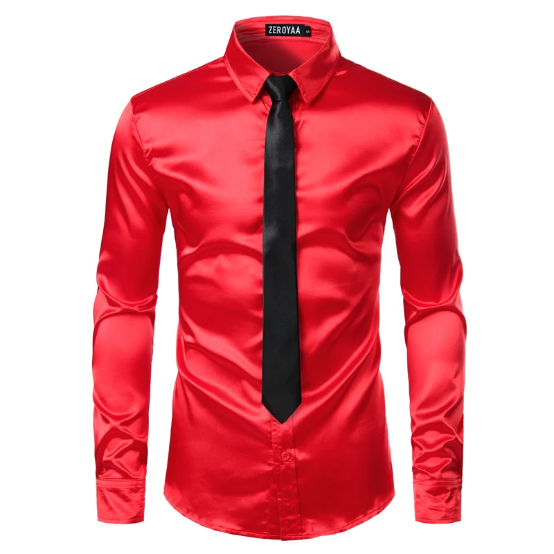 red black tie Мужские рубашки с галстуком-бабочкой, роскошные шелковые Атласные Рубашки с длинным рукавом для мужчин, однотонные рубашки для сцены, танцев, ночного клуба, Camisas Masculina - Цвет: red black tie