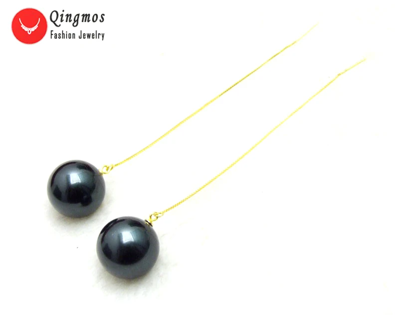 

Qingmos Black 18mm Round Sea Shell Pearl Earrings for Women with Gold-Color Sterling Silver S925 Ear Line Dangle Earring 4''