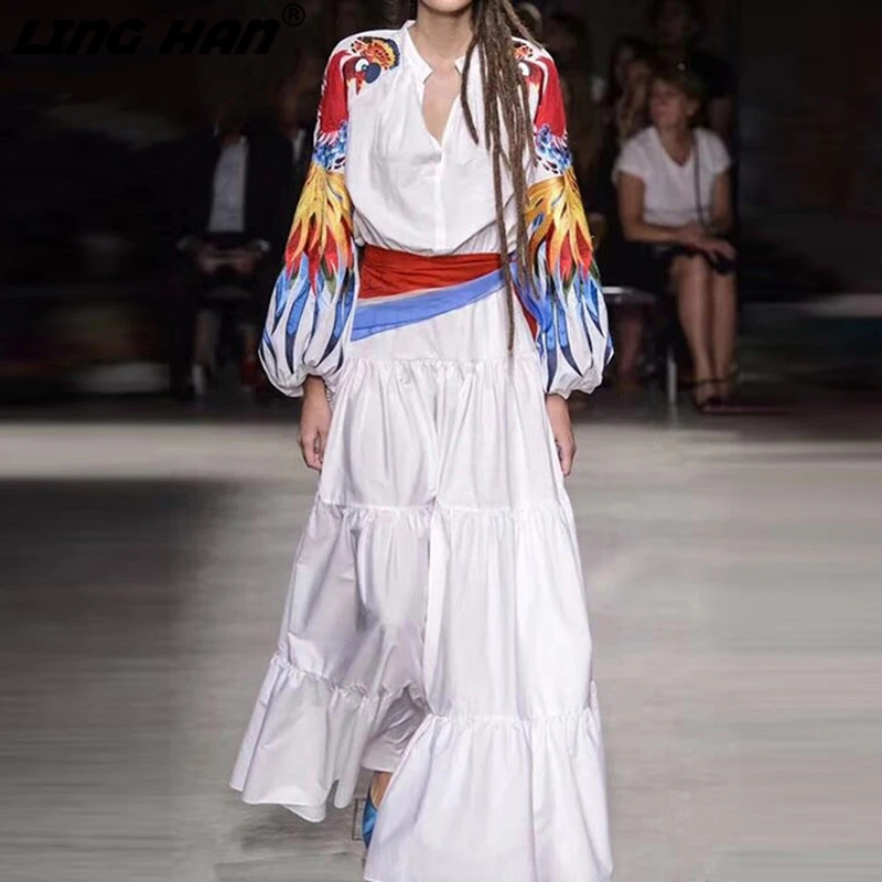 

LINGHAN Colorful Embroidery Patchwork White Maxi Dress O Neck Lantern Sleeve Autumn Winter Designer Dresses Vestdios