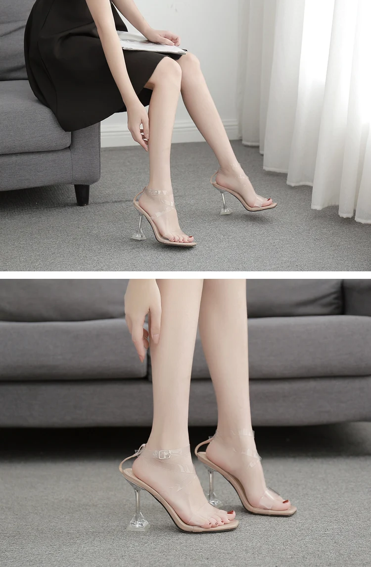 Eilyken Sexy PVC Transparent Crystal Heel Sandals Ankle Buckle Strap PVC Clear High Heels Gladiatus Women Night Club Shoes