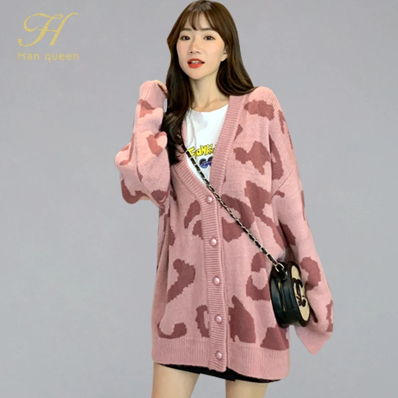 

H han queen Woman Autumn 2019 Leopard Soft Mohair Cardigan Sweater Student Lazy Oaf Knitted Loose Coat Korean Oversized Sweaters
