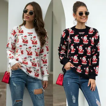 

Women Knitted Santa Round Neck Long Sleeve Pullover Winter Warm Sweater Loose Print Sweatshirt Jumper Casual Tops Blouse