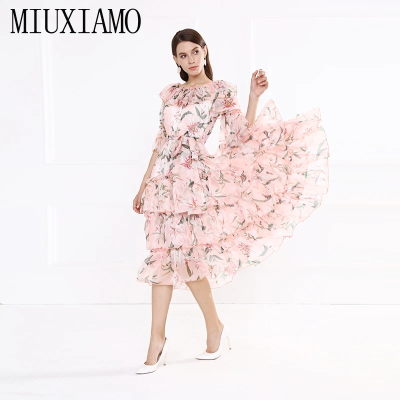 MIUXIMAO платье с цветочным принтом на заказ, плюс размер, осень, высокое качество, Новое поступление, Розовая Лилия, с принтом, Элегантное повседневное платье для женщин, vestidos