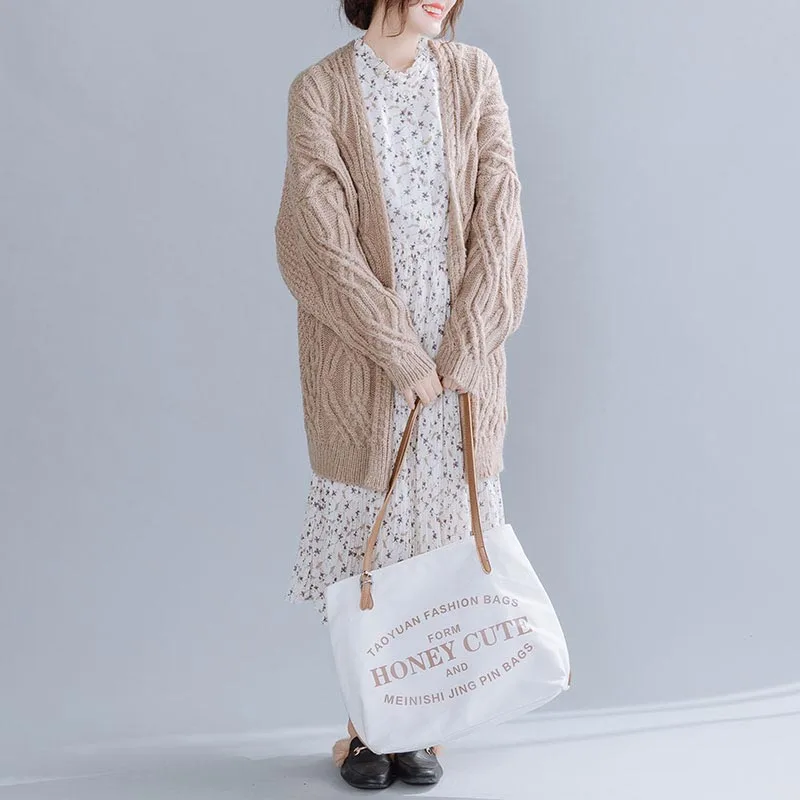 Vintage Batwing Winter Knit Oversized Cardigan Women Plus Size Twist Solid Plus Size Knitted Cardigan Pull Femme Outerwear - Цвет: Хаки