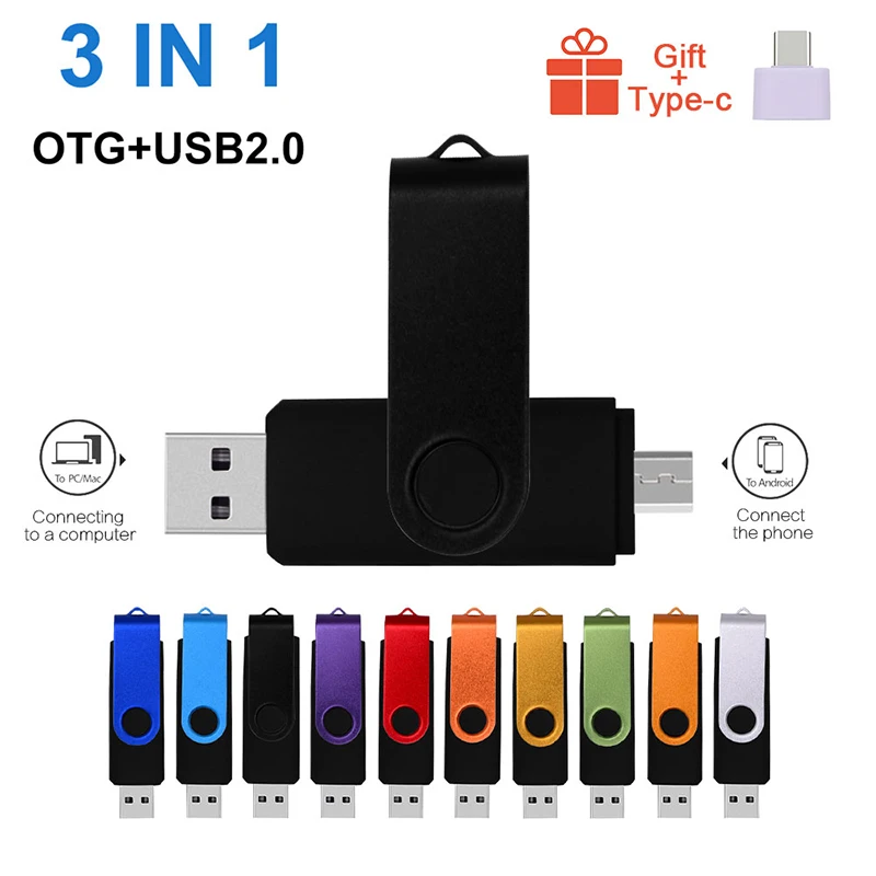 Unidad flash usb 2,0 tipo C, Memoria OTG 3 en 1 de 128GB, 16GB, 64GB, llave usb de 32GB para teléfono