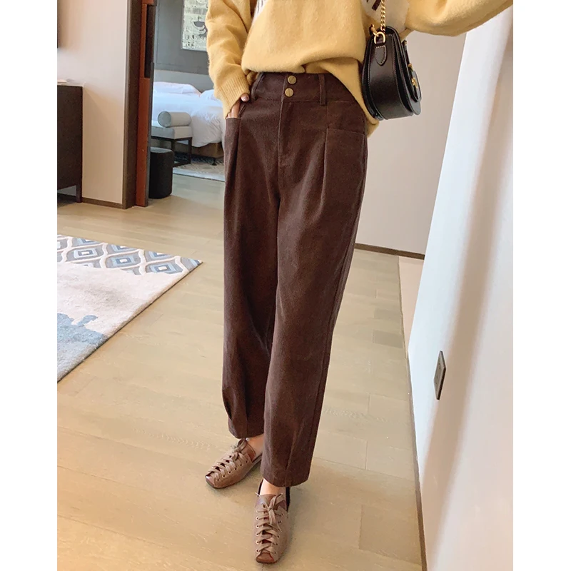 Mishow Winter Vintage Corduroy Pant Women Causal High Waist Pleated Loose Zipper Overalls Long Pant MX19D2119