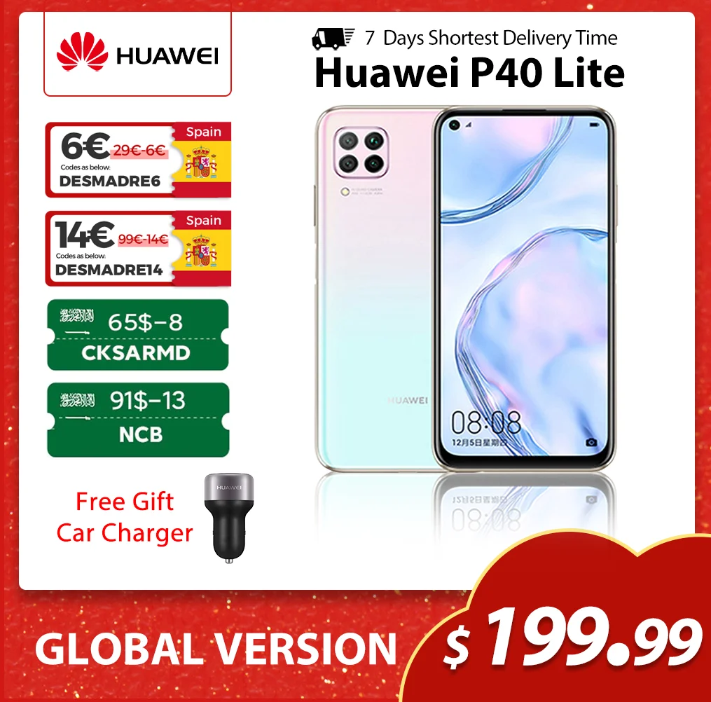 HUAWEI-teléfono inteligente P40 Lite, versión Global, 6GB, 128GB, cámara de 48MP, pantalla FHD de 6,4 pulgadas, Kirin 810, Octa Core, 40W, carga rápida