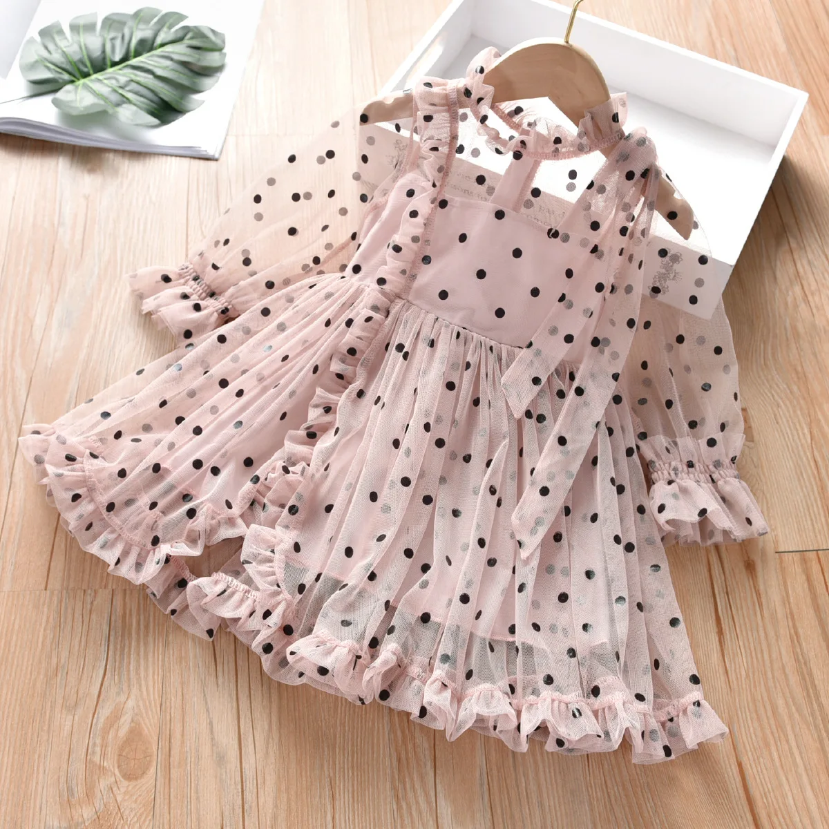 Thunderers Fashion Girl Party Dresses Mesh Dots Long Sleeve Children Princess Dress Casual Elegant Kids Dress Baby Clothes