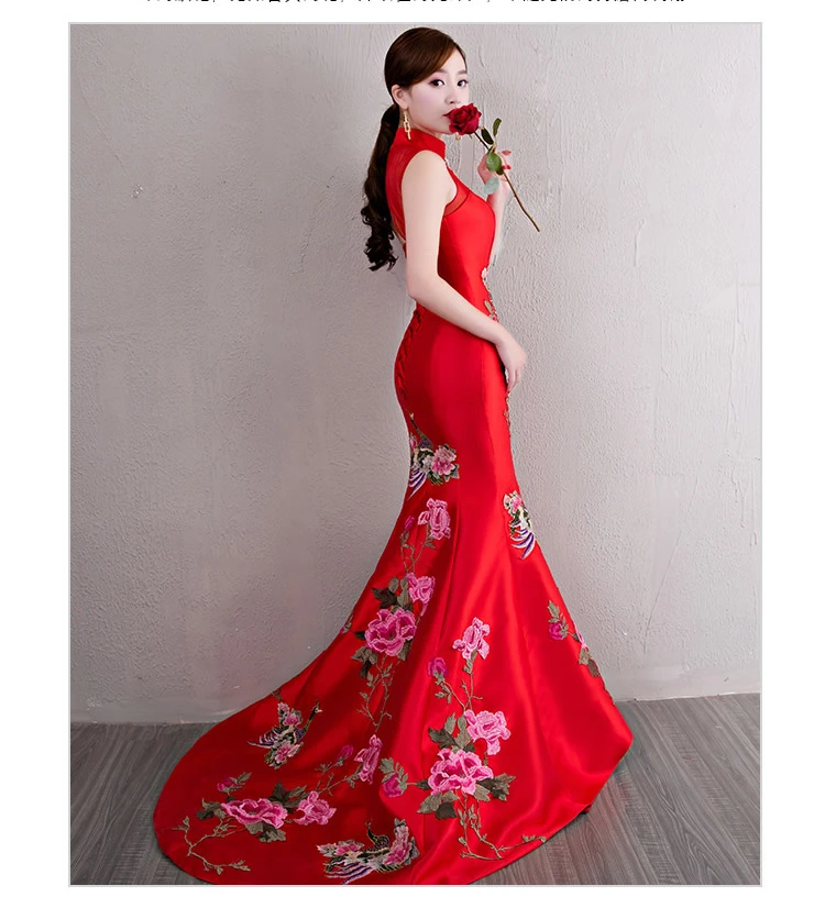 Красное вечернее платье русалки в китайском стиле с вышивкой Cheongsam Модное Длинное традиционное платье Ципао Vestido Восточное вечернее платье по индивидуальному заказу