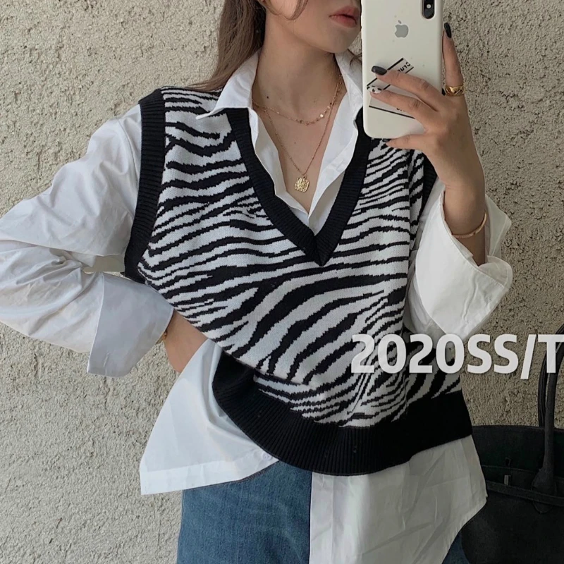 Zebra Pattern Vest Women's Knitted 2021 New Autumn Loose Korean Outdoor Sweater Waistcoat | Женская одежда
