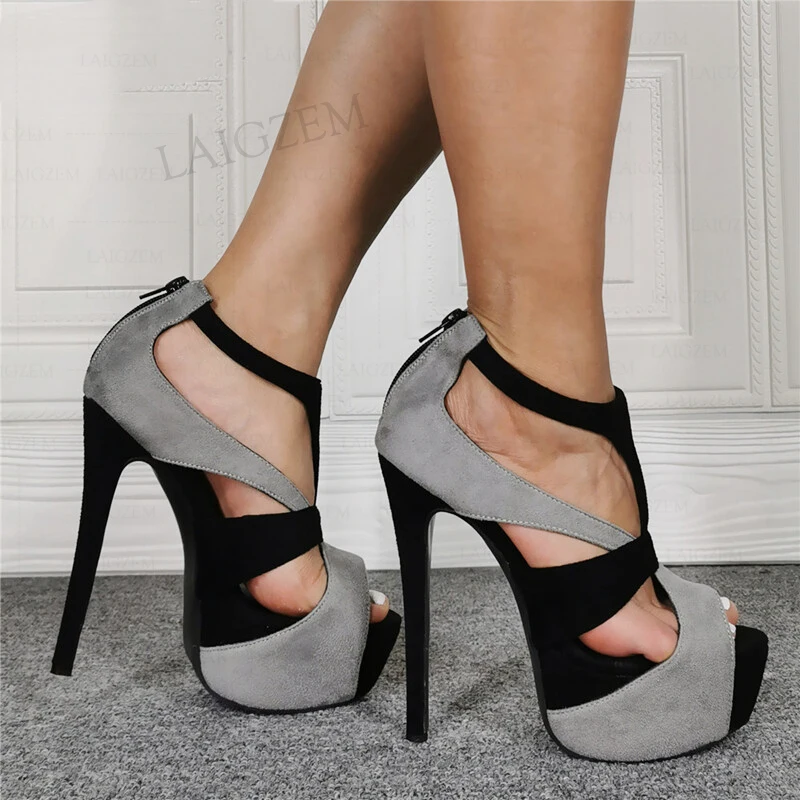 

SEIIHEM Women Platform Sandals Stiletto Heels Open Toe Back Zip Patchwork Pumps Faux Suede Female Shoes Women Plus Size 41 46 52