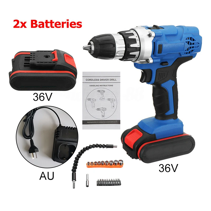 

36V Electric Cordless Drill Screwdriver LED 2-Speed 2Pcs Li-Ion Battery Tool Set Electric Drill Accessories For Home Diy Tools