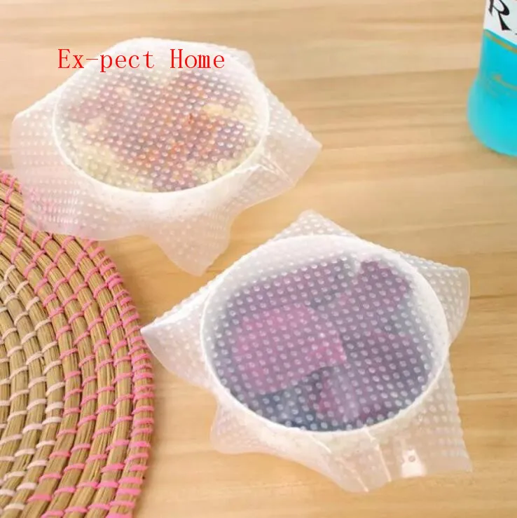 by dhl 200set 4pcs(3size)/set Silicone Food Wraps Seal Cover Multifunctional Stretch Food Fresh Keeping Saran Wrap Kitchen Tools