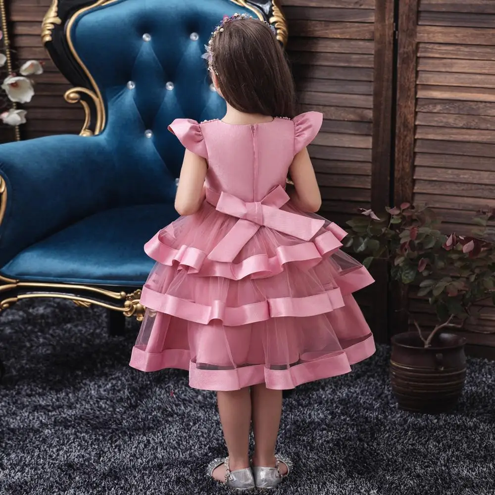 Розовое платье принцессы с цветочным узором для девочек; платье для свадебной вечеринки; бальное платье; Детское Платье До Колена; коллекция года; платье для первого причастия с бантом